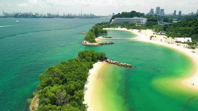 Sentosa Beach, Singapore. Aerial view of beach and coastline on a sunny day
