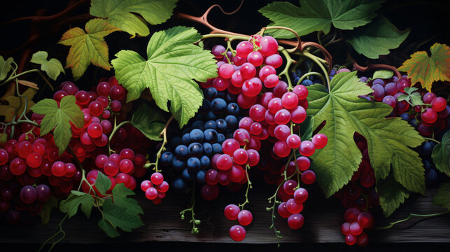A painting of grapes raspberries and leaves.