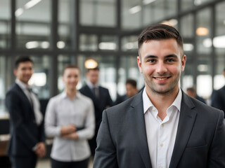 A successful team leader standing in front of the team, businessman, smiling, professional team concept