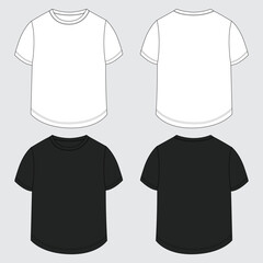 Vector black and white color short sleeve t shirt vector illustration template front and back views. Apparel clothing design mock up for ladies