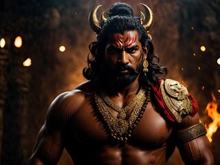 Happy Dussehra Ravana Cinematic Portrait Shot Background Happy Diwali Hindu Celebration Lord Ram Angry Ravana Dussehra Realistic Illustration Render Fire Burning Lanka Poster Festival Muscles scene