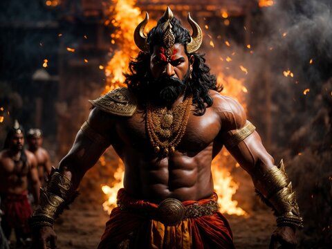 Happy Dussehra Ravana Cinematic Portrait Shot Background Happy Diwali Hindu Celebration Lord Ram Angry Ravana Dussehra Realistic Illustration Render Fire Burning Lanka Poster Festival Muscles scene