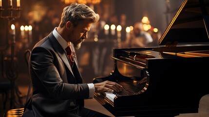 A talented musician playing a grand piano in a concert hall, captivating the audience with their...