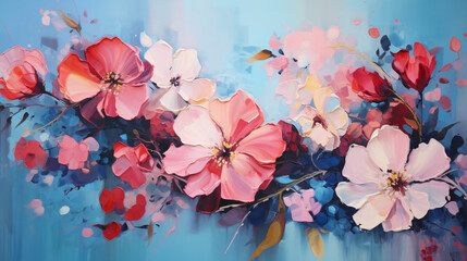 A painting of pink and blue flowers