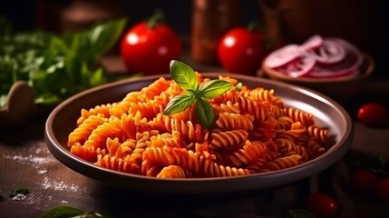 Italian-style cuisine featuring spiral-shaped fusilli pasta served with tomato sauce. - obrazy, fototapety, plakaty
