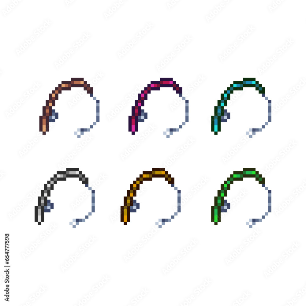 Poster pixel art sets of fishing rod with variation color item asset simple bits of fishing rod on pixelate