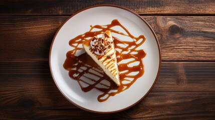 A top-down view of a slice of New York-style cheesecake drizzled with caramel sauce, displayed against a white background in a homemade presentation.