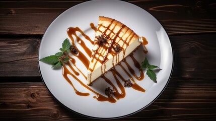A top-down view of a slice of New York-style cheesecake drizzled with caramel sauce, displayed against a white background in a homemade presentation.
