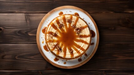 Fototapeta na wymiar A top-down view of a slice of New York-style cheesecake drizzled with caramel sauce, displayed against a white background in a homemade presentation.