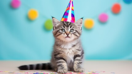 Close up portrait of cute cat with birthday hat on head, party and birthday celebration concept on isolated background