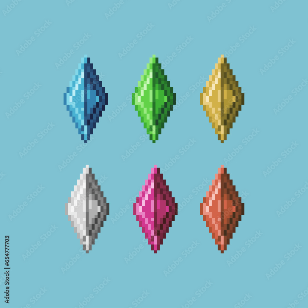 Poster pixel art sets of crystal with variation color item asset. simple bits of crystal on pixelated style