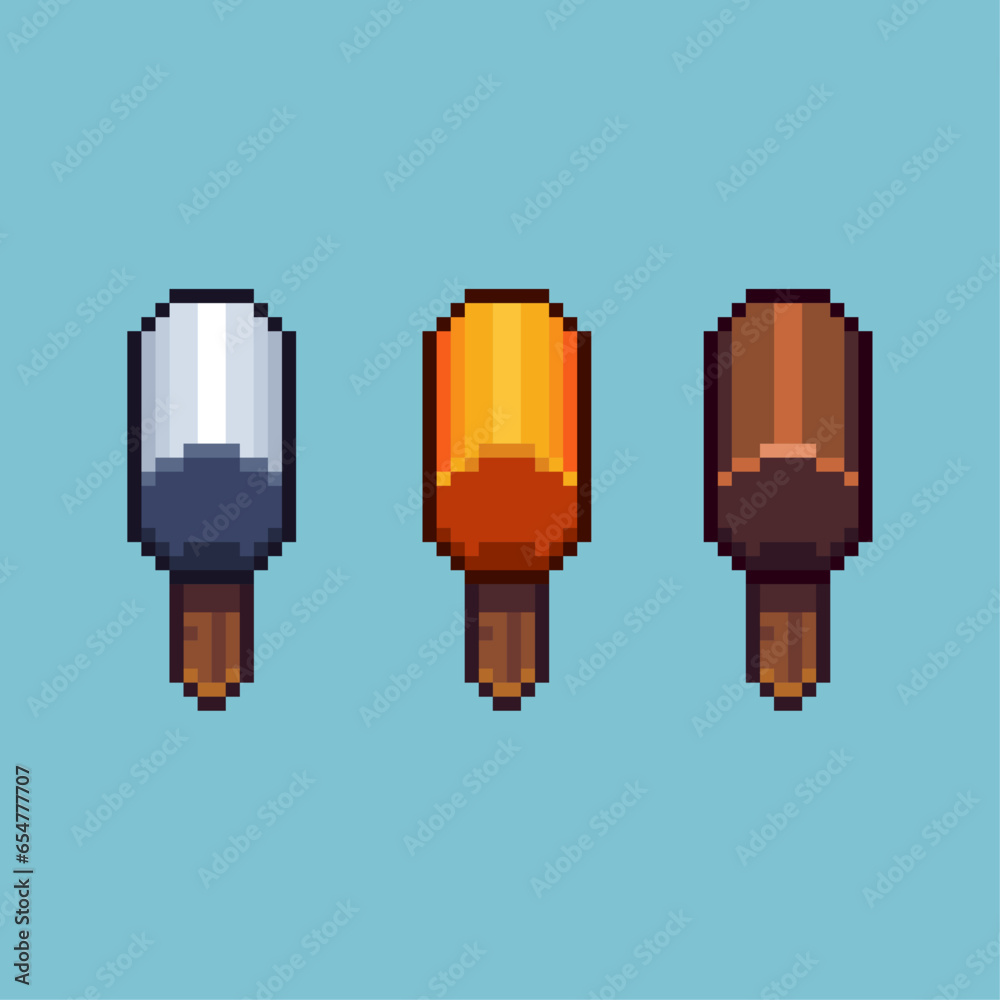 Poster pixel art sets of hammer icon with variation color item asset. simple bits of hammer on pixelated st