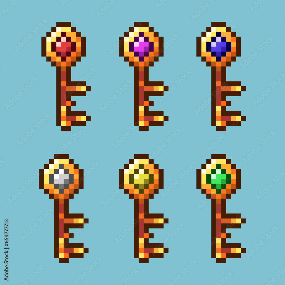 Poster pixel art sets of gemstone key with variation color item asset. simple bits of key with diamond on p