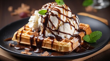 A dark gray background beautifully showcases a plate of Belgian waffles adorned with chocolate sauce and topped with a scoop of ice cream.
