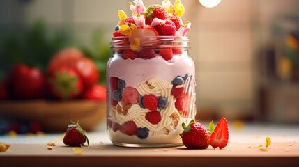 jar of decorative dessert of frozen banana, icecream and strawberries