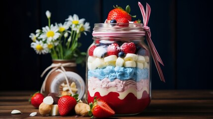 jar of decorative dessert of frozen banana, icecream and strawberries