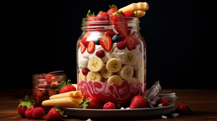 jar of decorative dessert of frozen banana, icecream and strawberries