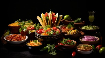 An assortment of dishes from Mexican cuisine presented against a dark background.