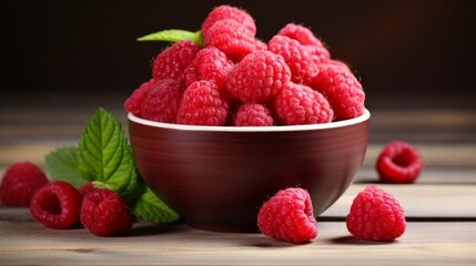 Fresh raspberries in bowl. Ripe juicy fresh raspberries. Organic raspberries, healthy food, vitamins, summer berry fruit. Long banner format. place for text.