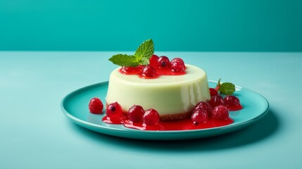 Red currant Panna Cotta with berry sauce, on a turquoise plate. Vegan dessert. Vanilla cream pudding. Light background. Traditional Italian creamy dessert. Copy space