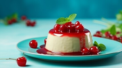 Red currant Panna Cotta with berry sauce, on a turquoise plate. Vegan dessert. Vanilla cream pudding. Light background. Traditional Italian creamy dessert. Copy space