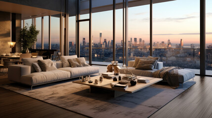 Modern Penthouse Living Room with Large Windows - Ideal for Zoom Background - obrazy, fototapety, plakaty