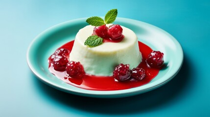 Red currant Panna Cotta with berry sauce, on a turquoise plate. Vegan dessert. Vanilla cream pudding. Light background. Traditional Italian creamy dessert. Copy space