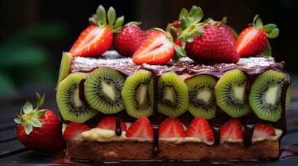 A dessert featuring a combination of strawberry and chocolate cake accompanied by kiwi.
