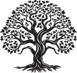 Tree with roots silhouette. Black and white tree silhouette for corporate or personal use. Simple tree vector. Tree with roots vector. Tree with leaves silhouette.
