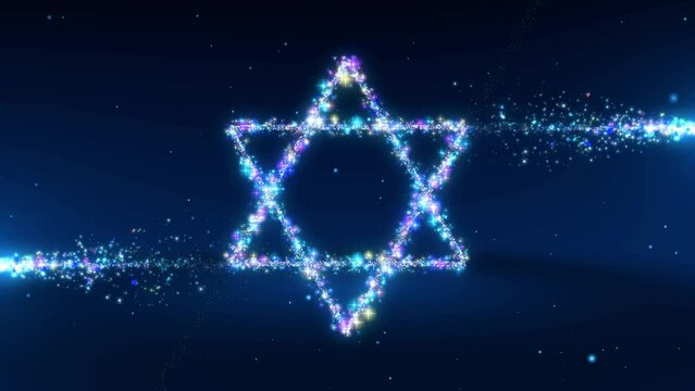 Festive Happy Hanukkah Text Reveal With Blue Colorful Stars Magic Light Trails Forming Star Of David Judaism Symbol On Blue Shiny Floored Space, With Symbol Reveal Separated
