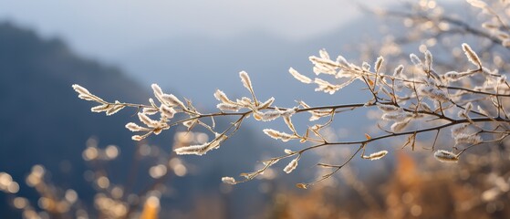 Gentle mountain forest breeze, snowy sky backdrop, swaying winter plants, and serene branches in a tranquil natural scene.