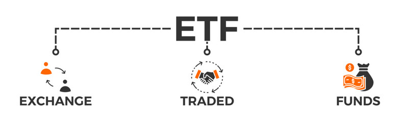 ETF banner web icon glyph silhouette Exchange Traded Funds Stock Market Investment with icon of money, cash flow, trading, transaction, bank, accounting, and growth