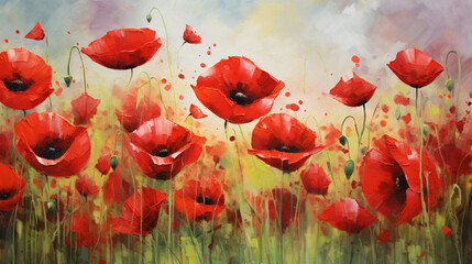 A painting of red poppies in a field of grass