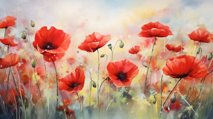 A painting of red poppies in a field of grass
