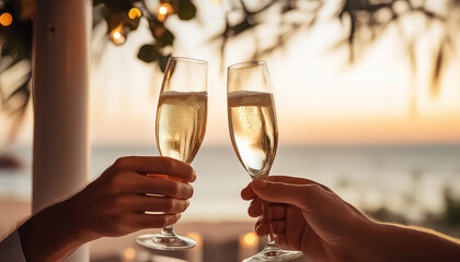 couple in love close up of hands with a glass of champagne on New Year's Eve - obrazy, fototapety, plakaty