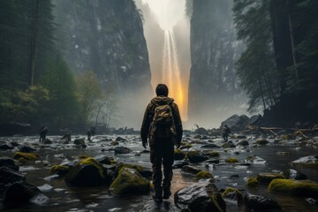 A hiker standing in awe at the base of a thundering waterfall, with the mist and spray creating a mystical and refreshing atmosphere - obrazy, fototapety, plakaty
