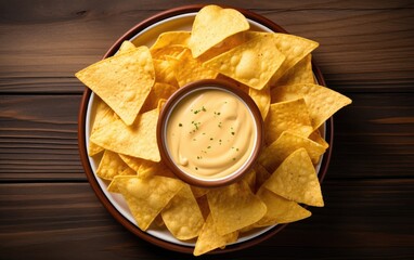 Plate of tortilla chips with cheese sauce on a wooden table, top view angle