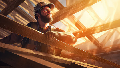 worker roofer working on roof structure at wooden construction site - obrazy, fototapety, plakaty
