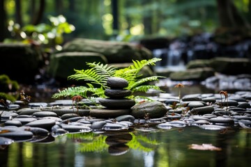 A tranquil and meditative scene of a small waterfall in a Zen garden, with smooth stones and raked sand creating a sense of serenity