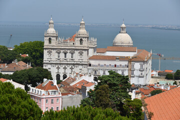 view from Sao Jorge Castle to Tejo River and Santa Cruz de Castelo Church in Lisbon