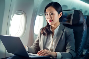 asian woman working inside airplane using digital tablet or laptop