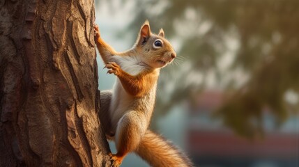 Squirrel climbing a tree - obrazy, fototapety, plakaty