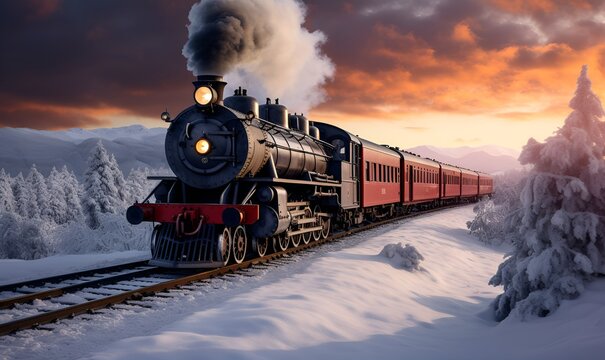 steam train in winter road full of snow, ai generative