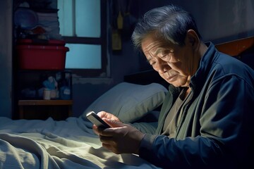 Insomnia senior Asian man using mobile phone in bed