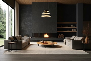 a modern living room with dark walls and a sleek fireplace. Generative AI - obrazy, fototapety, plakaty