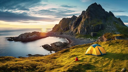 wild camping in the Lofoten islands. camping tent among mountains. sunset over a camping spot behind the Polar Circle. Panorama of the perfect landscape during the midnight sun - obrazy, fototapety, plakaty
