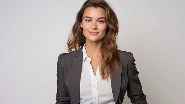 portrait of a 30 year old businesswoman looking forward with an optimistic expression, clean skin, without wrinkles, wearing formal work clothes, with a clipboard in her hand, white background