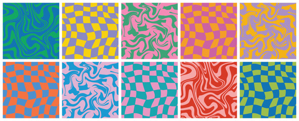 1970 Trippy Grid and Wavy Swirl Seamless Pattern Set in Neon Colors. Hand-Drawn Vector Illustration. Seventies Style, Groovy Background, Wallpaper, Print. Psychedelic Design, Hippie Aesthetic.