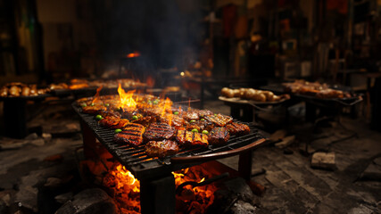 Wunderbare leckere Steak Fleisch St&uuml;cke auf dem Grill angerichtet im Querformat f&uuml;r Banner, ai generativ