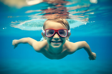 Fototapeta premium Young boy with goggles swimming underwater in swimming pool